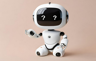 AI robot with question mark eyes